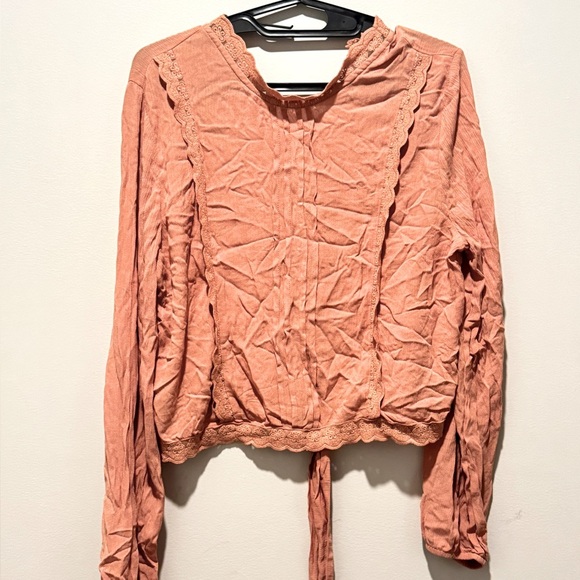 Self Esteem Juniors Pleated Lace Trim Blouse | | Long Sleeve shirt Toasted Nut - Picture 5 of 7